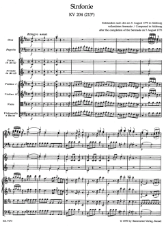 Sinfonie in D-Dur nach der Serenade KV 204 (213a) von Wolfgang Amadeus Mozart 
